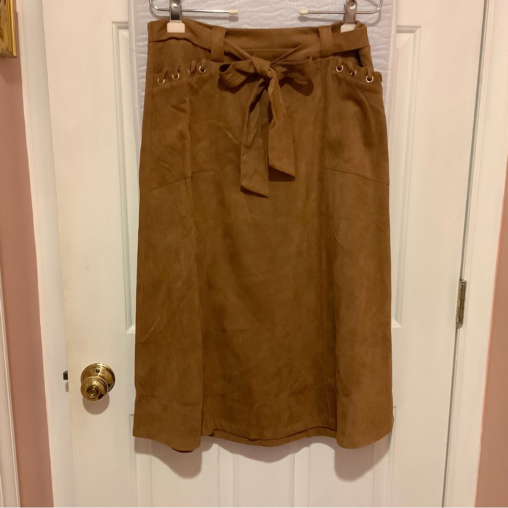 Brown Midi Pencil Skirt with Tie Front